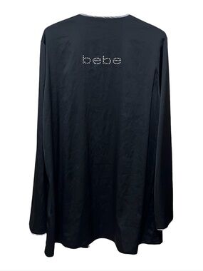 Bebe Kimono Black Rhinestone Mcbling Logo Open Front Cardigan Y2K Robe Romantic
